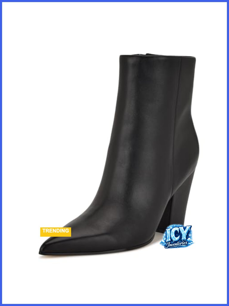 Leather Pointed Toe Block Heel Booties With Zipper Closure 2.56" Heel
